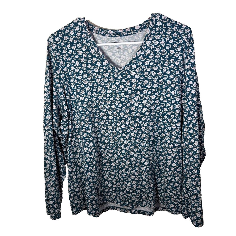Lands' End T-Shirt Women's Large Relaxed Fit V-Neck Long Sleeve Printed Top